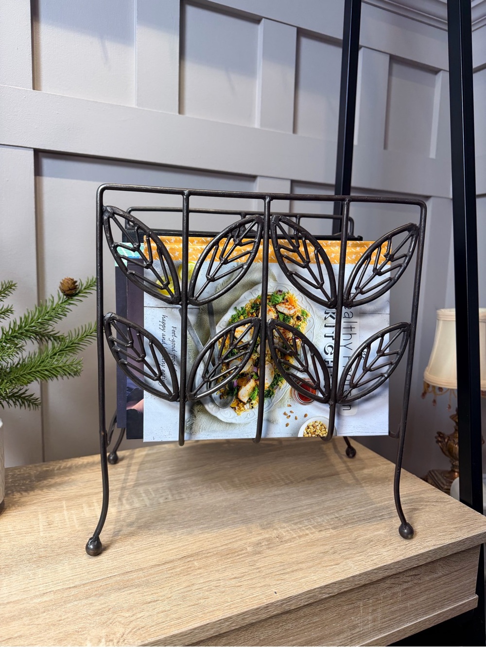 Vintage Mid-Century Cast Iron Wire Magazine Rack with Leaf Accents